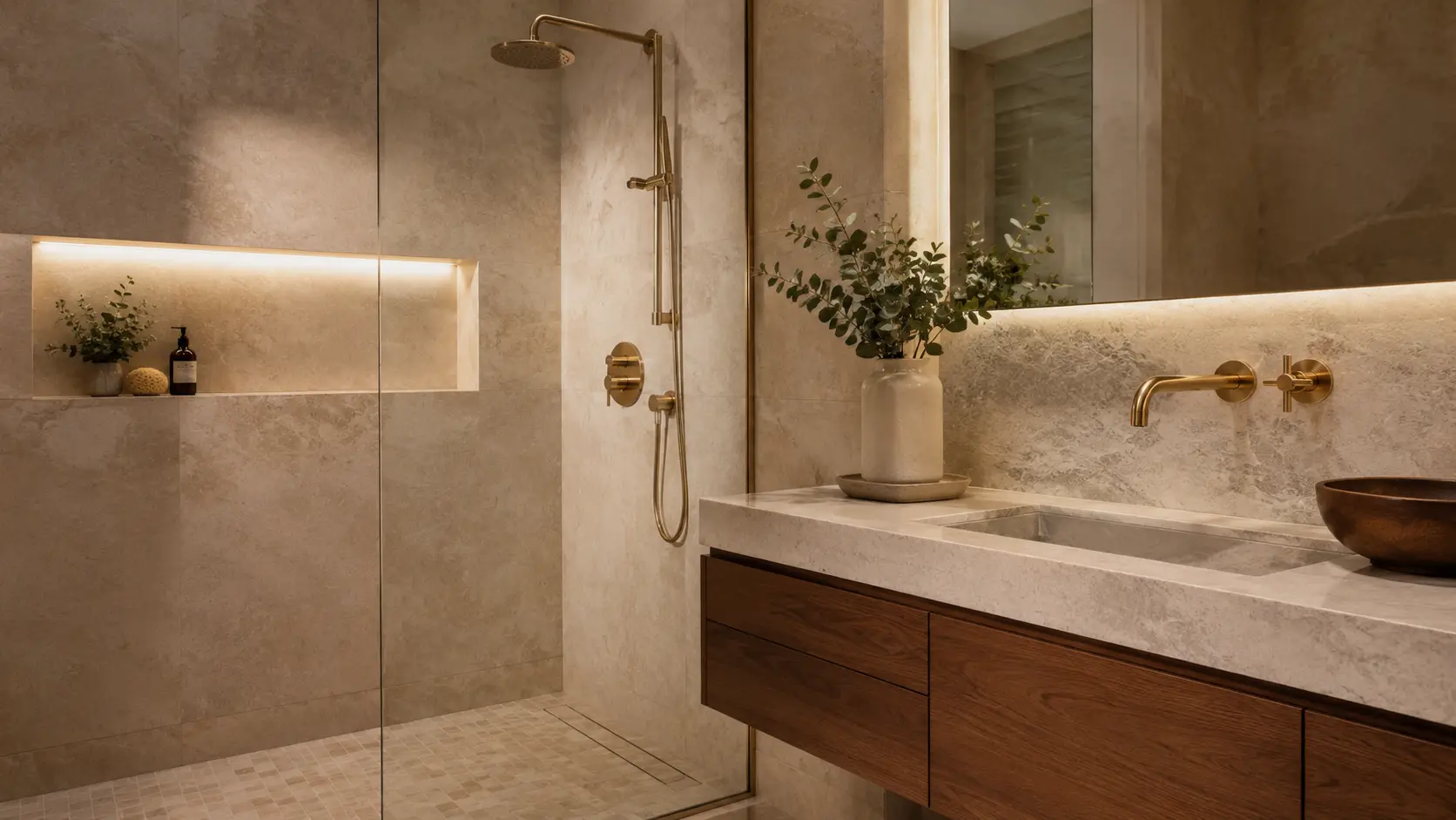 A beautifully tiled walk-in shower and floating vanity